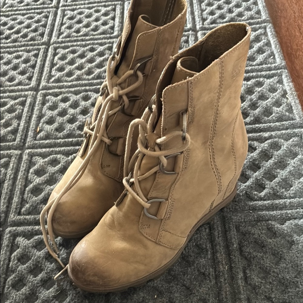 Sorel Tan Lace Up Wedge Boots